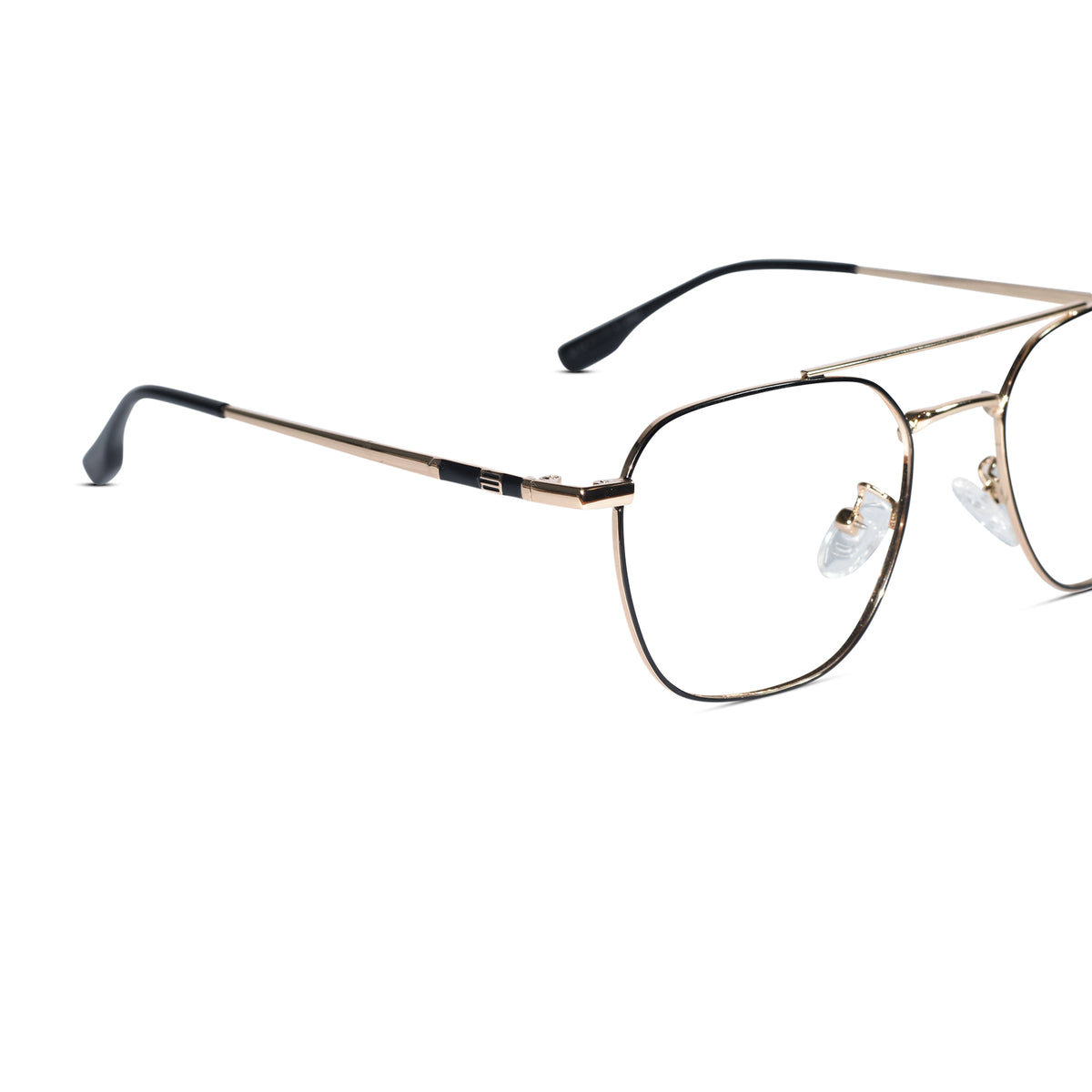 A pair of semi-rimless metal eyeglasses with a gold-tone double bridge and thin gold-tone frames, featuring black temple tips and clear nose pads, shown on a plain white background.