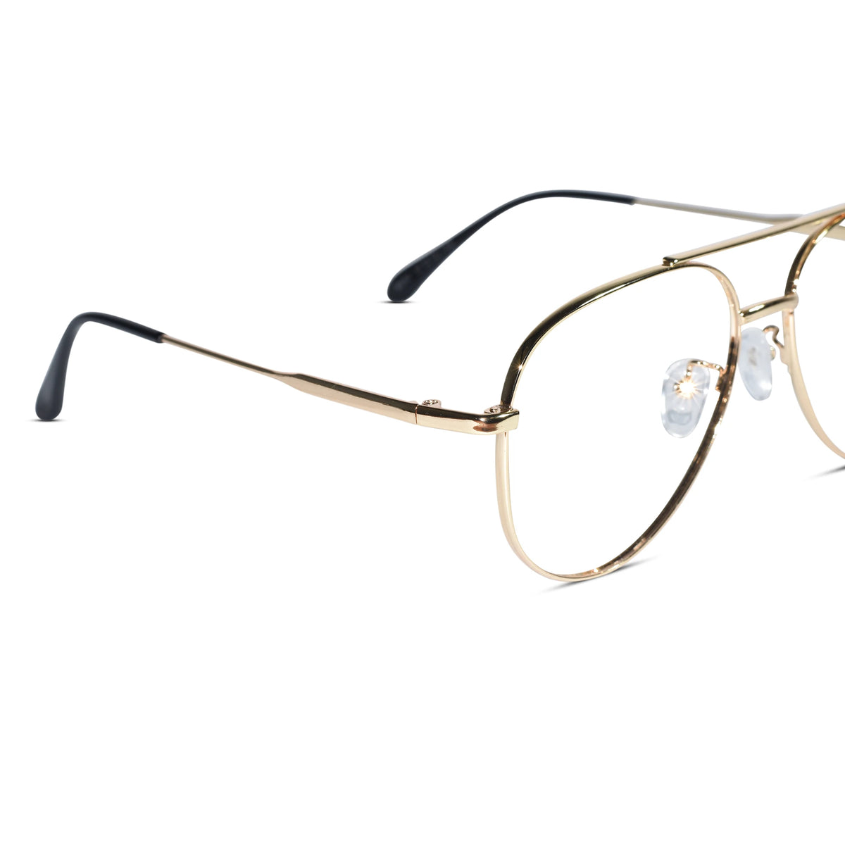 Gold metal aviator-style eyeglasses with clear lenses and black temple tips, shown on a clean white background.