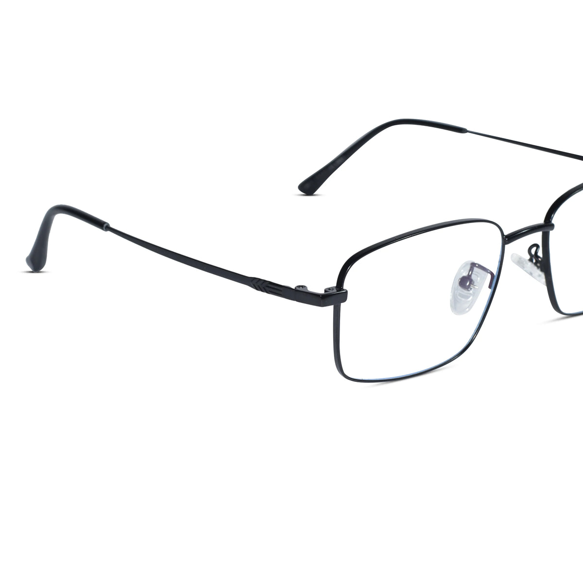 Black metal rimless eyeglasses with clear lenses, shown at an angle on a white background.