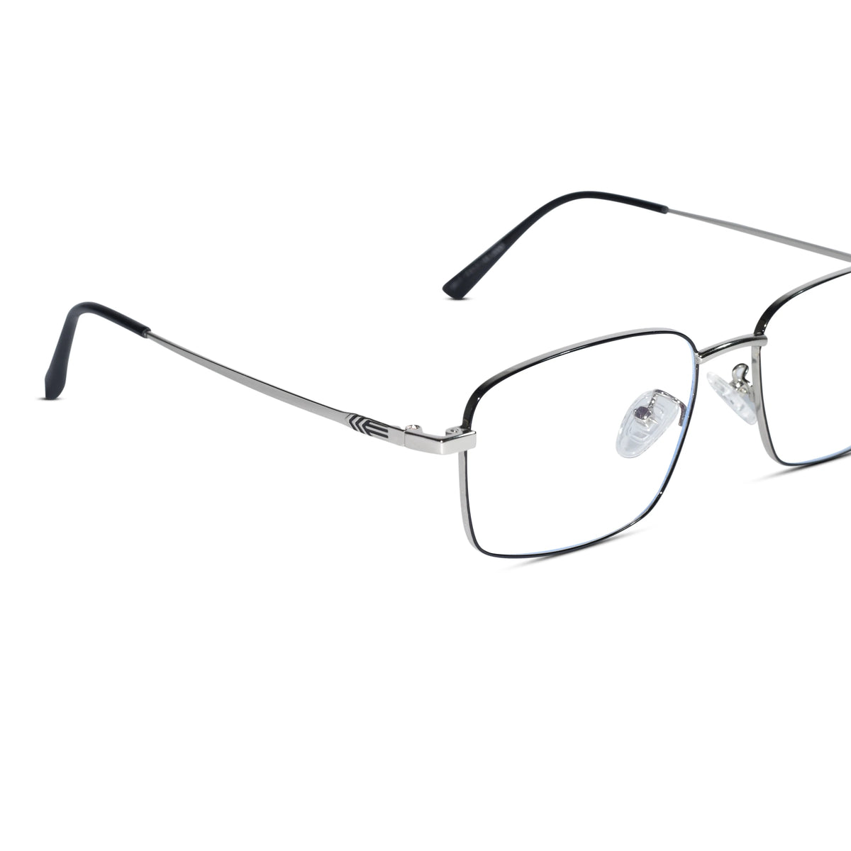 Silver metal semi-rimless eyeglasses with a square frame and clear lenses, shown on a plain white background.