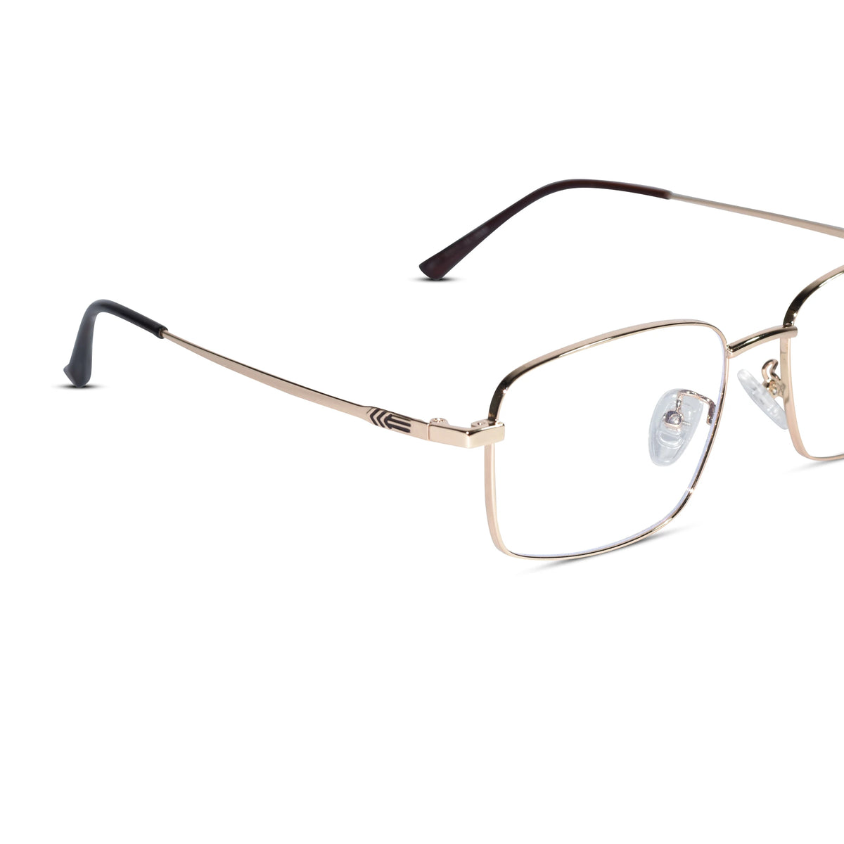 A pair of semi-rimless square metal eyeglasses with a champagne gold frame, clear lenses, and dark brown temple tips, shown on a plain white background.