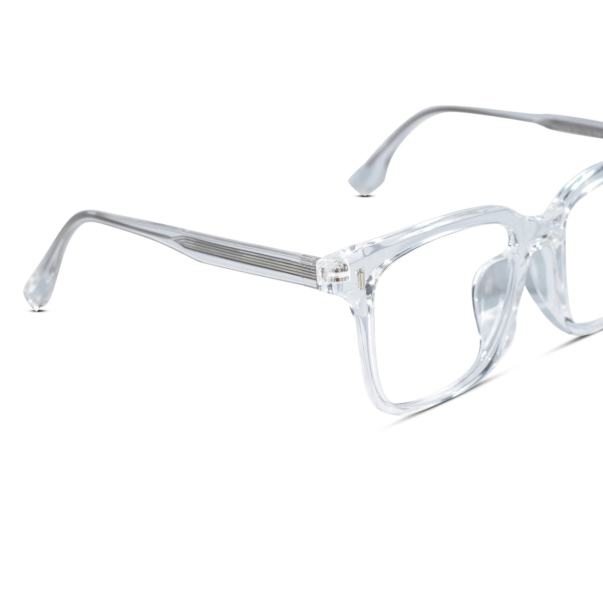 Clear acetate square eyeglasses with a subtle silver metallic accent on the temples, shown from a three-quarters angle on a white background.