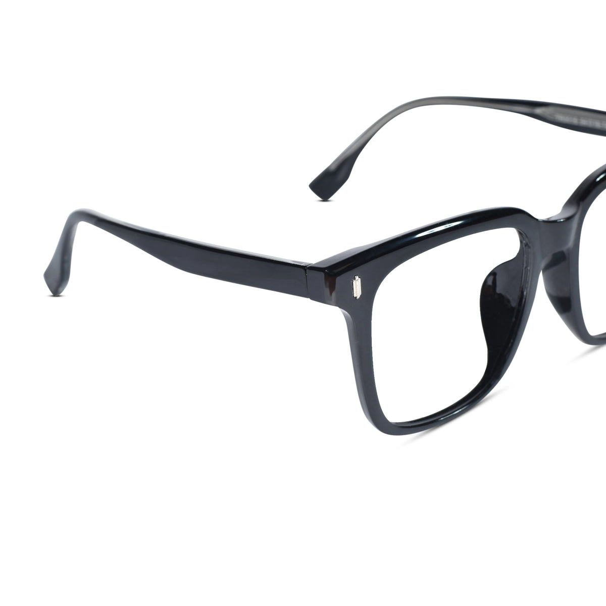 Black acetate square eyeglass frames with clear lenses, shown at an angle on a white background.