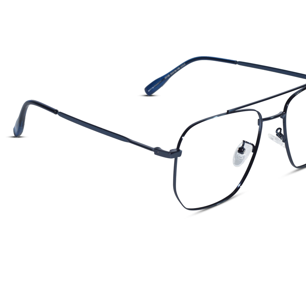 A pair of square aviator-style eyeglass frames in a dark navy blue metal, shown from a three-quarters angle on a plain white background.
