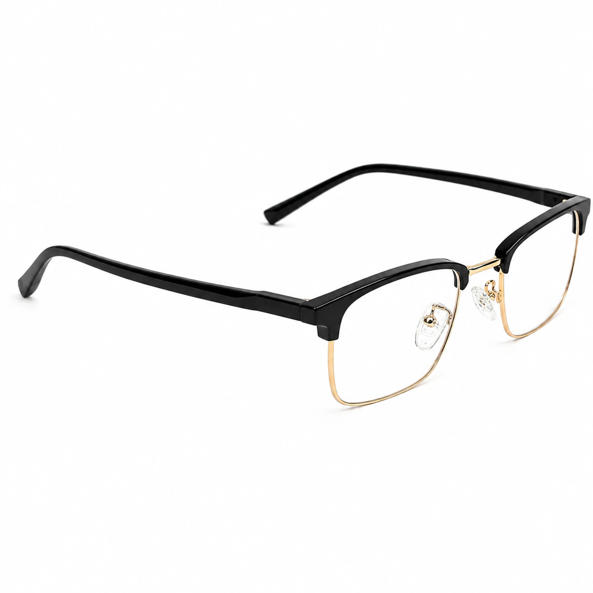 Black and gold semi-rimless eyeglasses with a square frame, shown on a clean white background.
