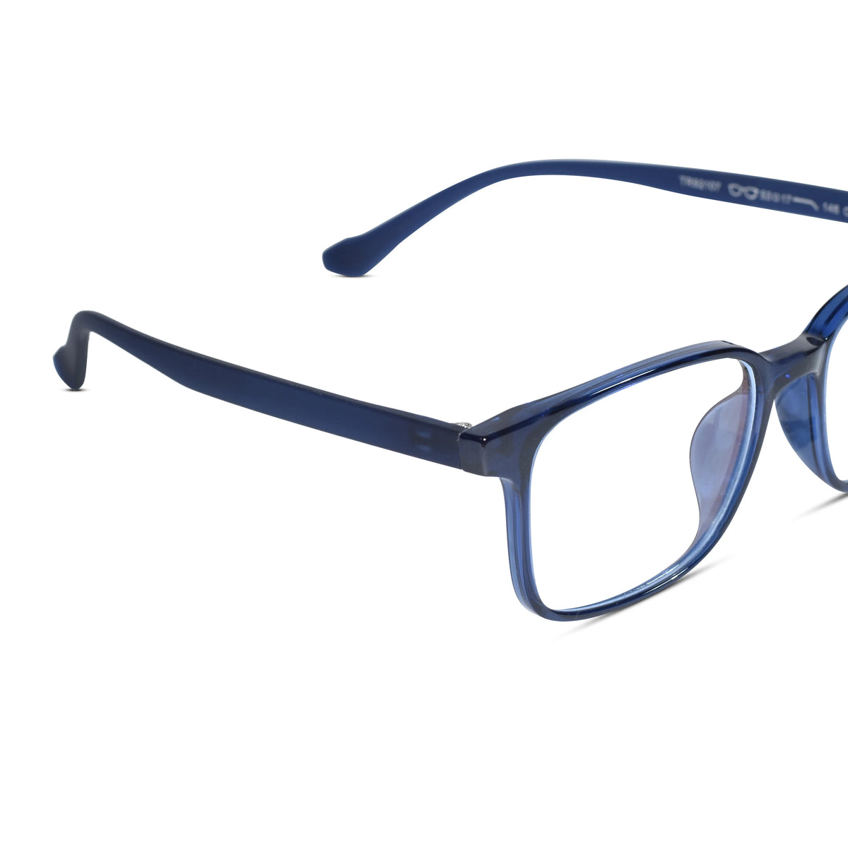 Blue translucent acetate eyeglass frames with clear lenses, shown at an angle on a white background.