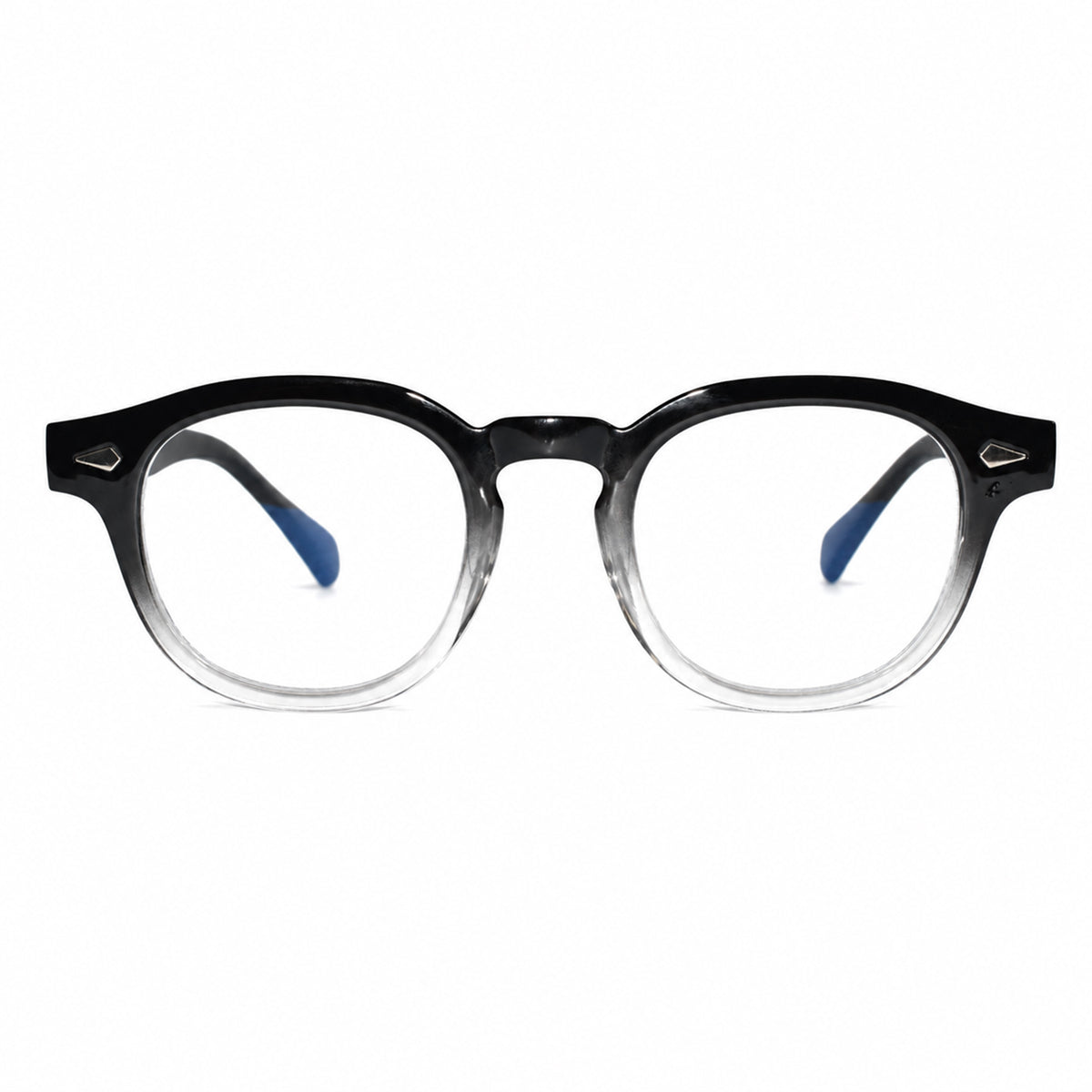 Round eyeglasses with a black-to-clear gradient acetate frame and blue temple tips, shown against a plain white background.