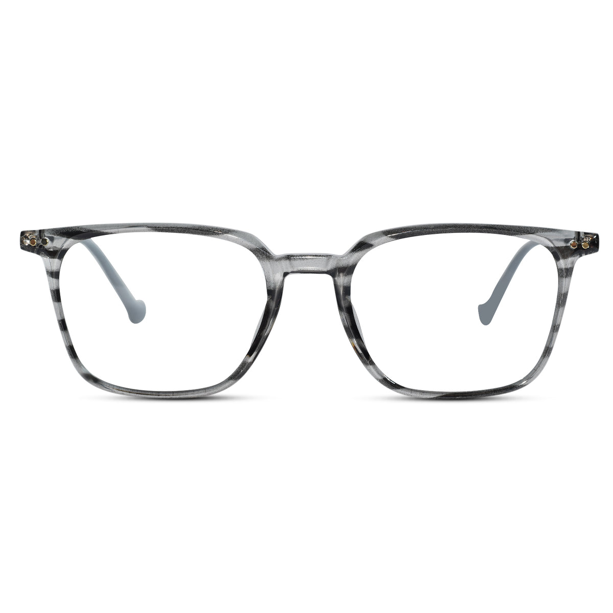 A pair of square-frame eyeglasses with a marbled gray and black acetate frame, clear lenses, and small gold star details on the temples.