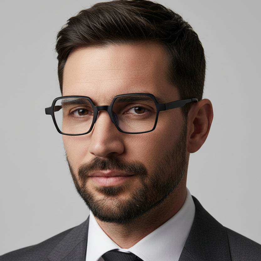 Black square eyeglass frames with clear lenses and subtle blue inner temple accents, shown against a plain white background.