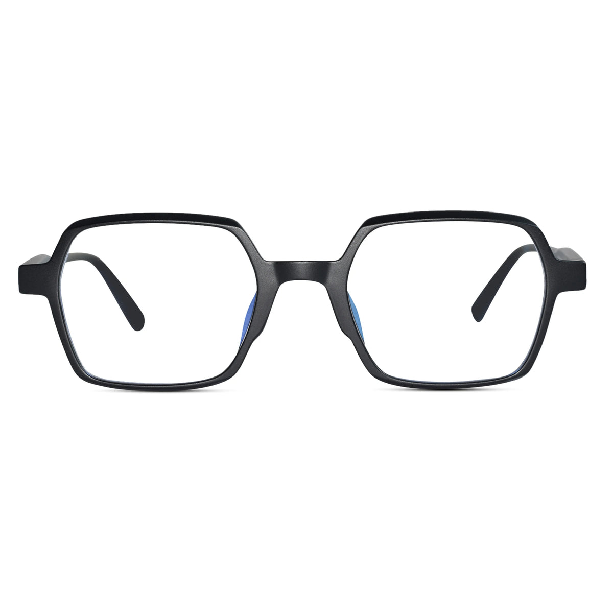 Black square eyeglass frames with clear lenses and subtle blue inner temple accents, shown against a plain white background.
