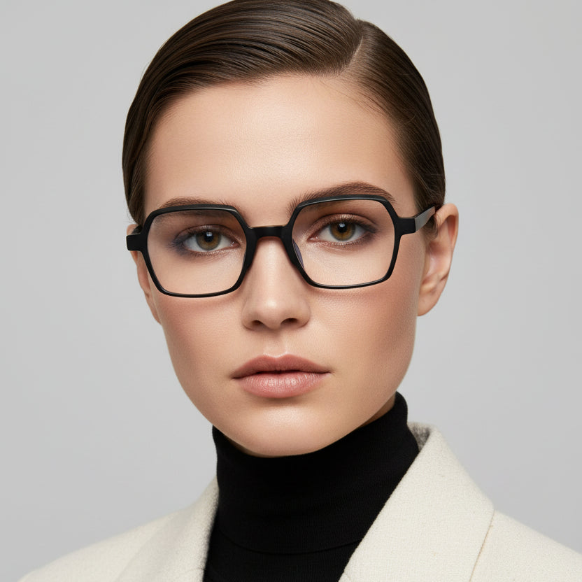 Black square eyeglass frames with clear lenses and subtle blue inner temple accents, shown against a plain white background.