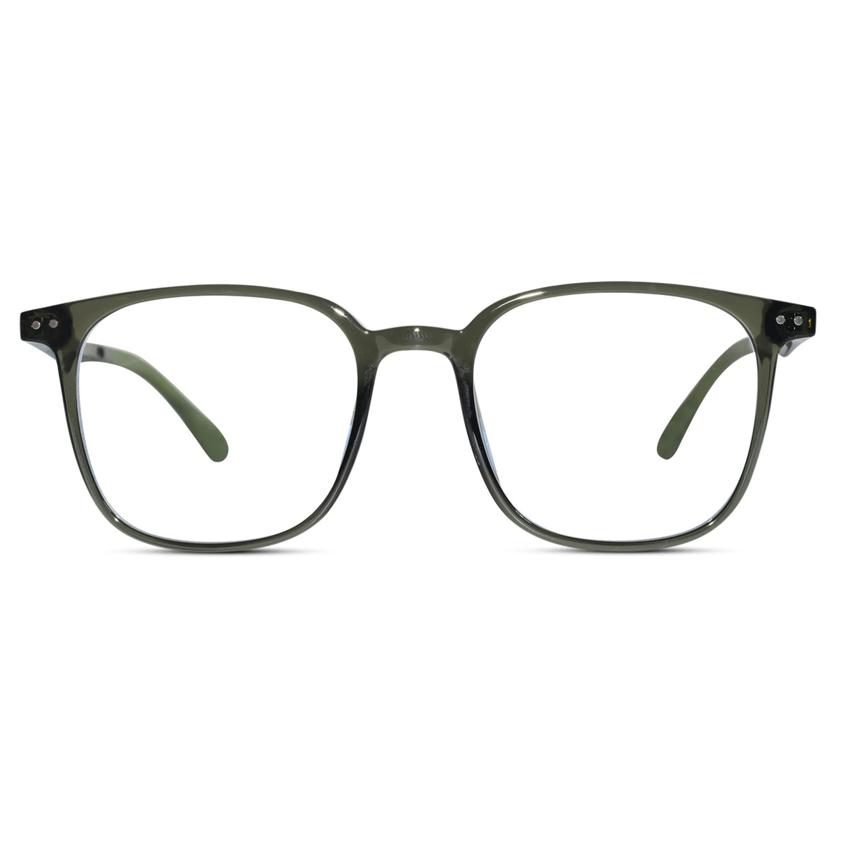 Olive green translucent acetate eyeglass frames with clear lenses, shown from a front-facing perspective on a white background.