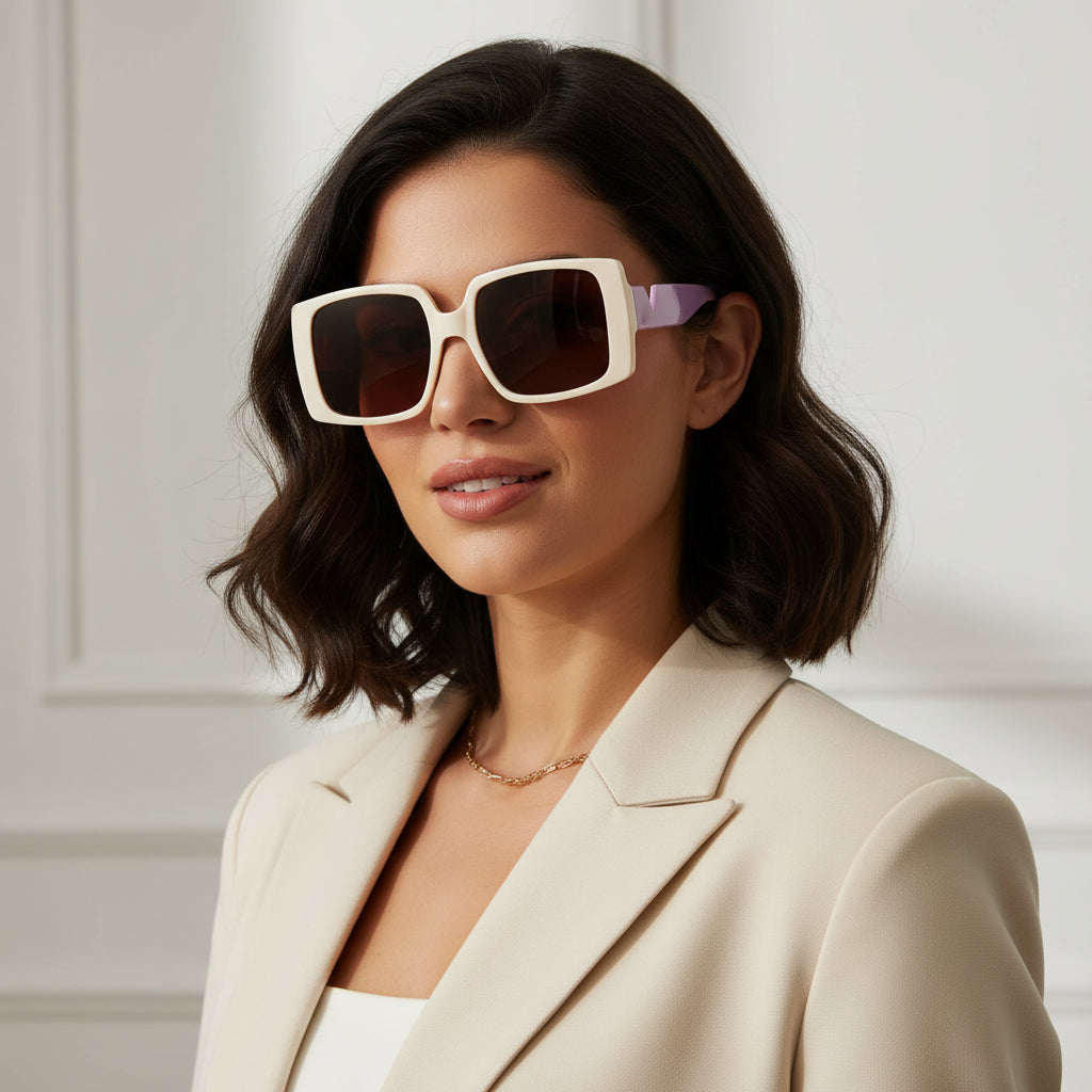 Oversize Square Dual Tone White  Sunglasses LKS3993-WHT-PRL