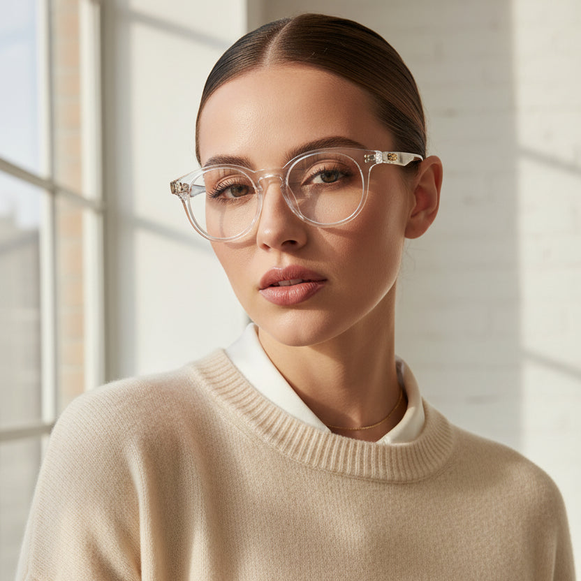 Clear acetate round eyeglasses with gold metal accents on the hinges, displayed on a clean white background.