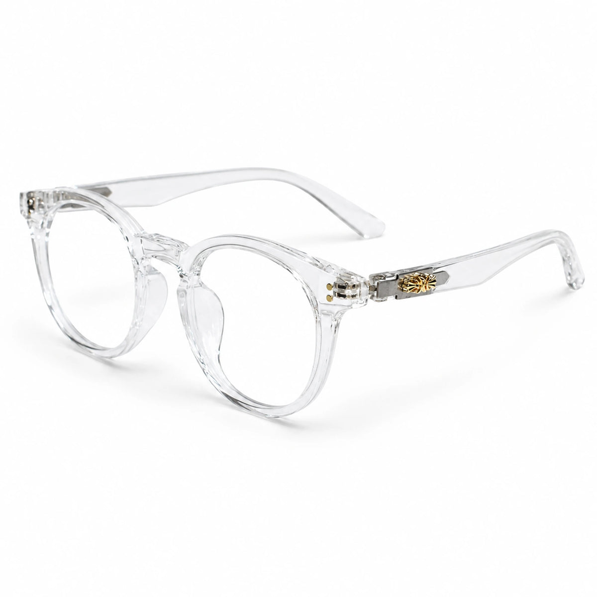 Clear acetate round eyeglasses with gold metal accents on the hinges, displayed on a clean white background.