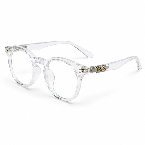 Clear acetate round eyeglasses with gold metal accents on the hinges, displayed on a clean white background.