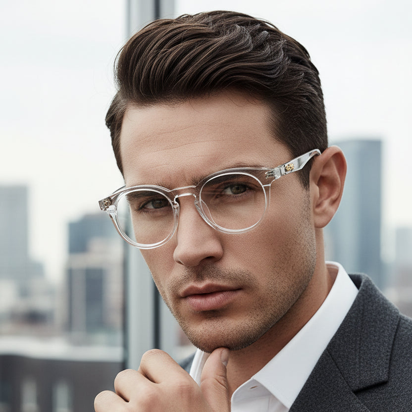 Clear acetate round eyeglasses with gold metal accents on the hinges, displayed on a clean white background.