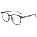 Oversized square eyeglasses with a translucent smoky gray-green acetate frame and olive green temples, shown on a plain white background.