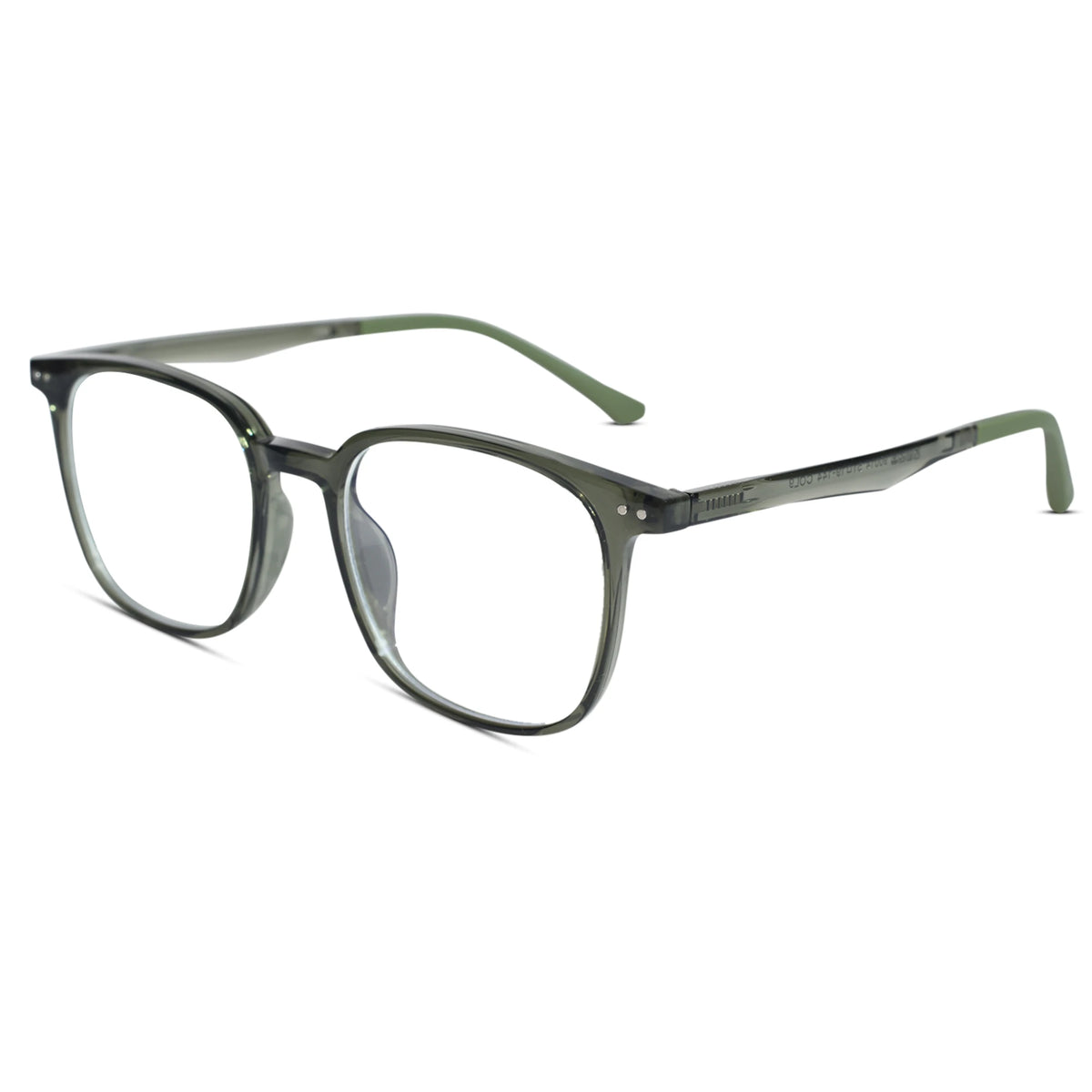 Oversized square eyeglasses with a translucent smoky gray-green acetate frame and olive green temples, shown on a plain white background.