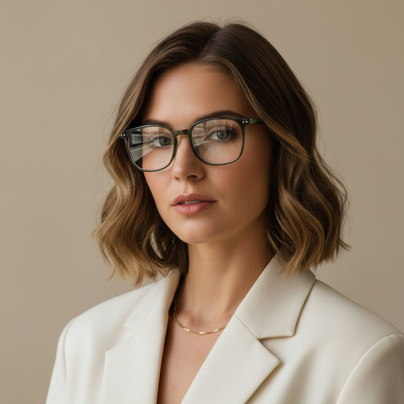 Oversized square eyeglasses with a translucent smoky gray-green acetate frame and olive green temples, shown on a plain white background.