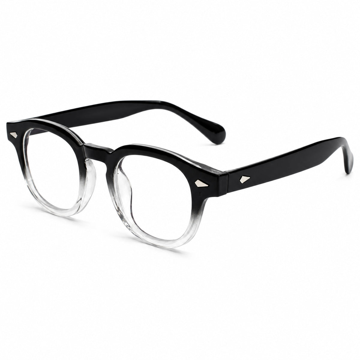 Black and clear gradient acetate eyeglasses with clear lenses, shown at a three-quarter angle on a white background.