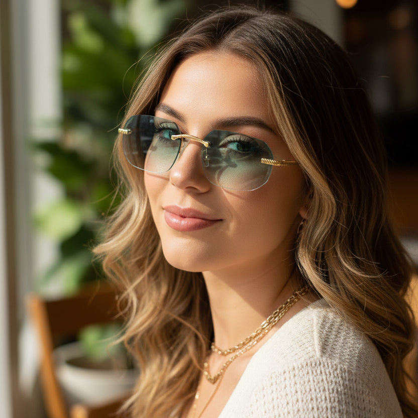 Rimless Square Sunglasses with Gold Sunglasses For Men & Women ELS2026S02-GRN