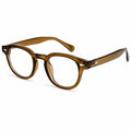 Round acetate eyeglass frames in a translucent amber-brown color, shown from a three-quarters angle on a white background.