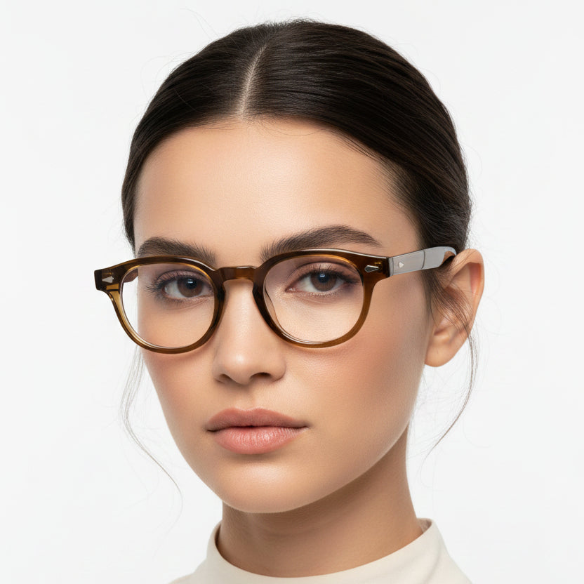 Round acetate eyeglass frames in a translucent amber-brown color, shown from a three-quarters angle on a white background.