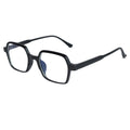 Black square eyeglass frames with clear lenses and subtle blue-tinted inner edges, shown on a plain white background.