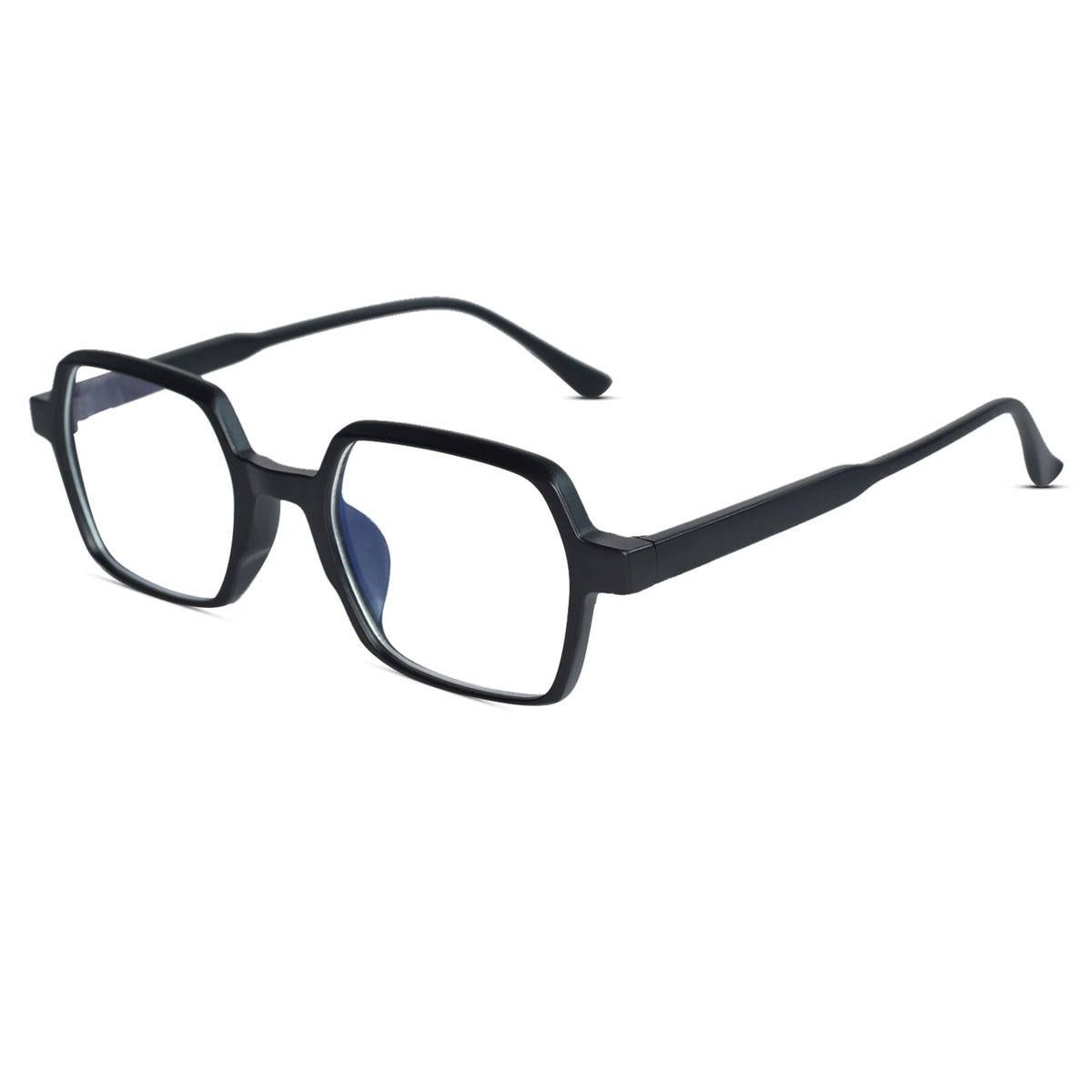 Black square eyeglass frames with clear lenses and subtle blue-tinted inner edges, shown on a plain white background.