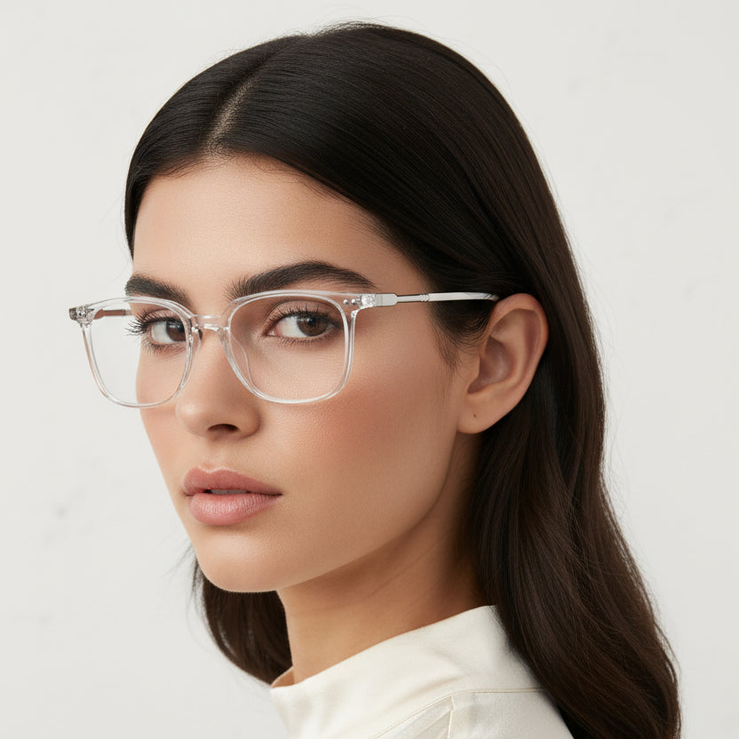 Clear acetate square eyeglasses with white temple arms, shown on a plain white background.