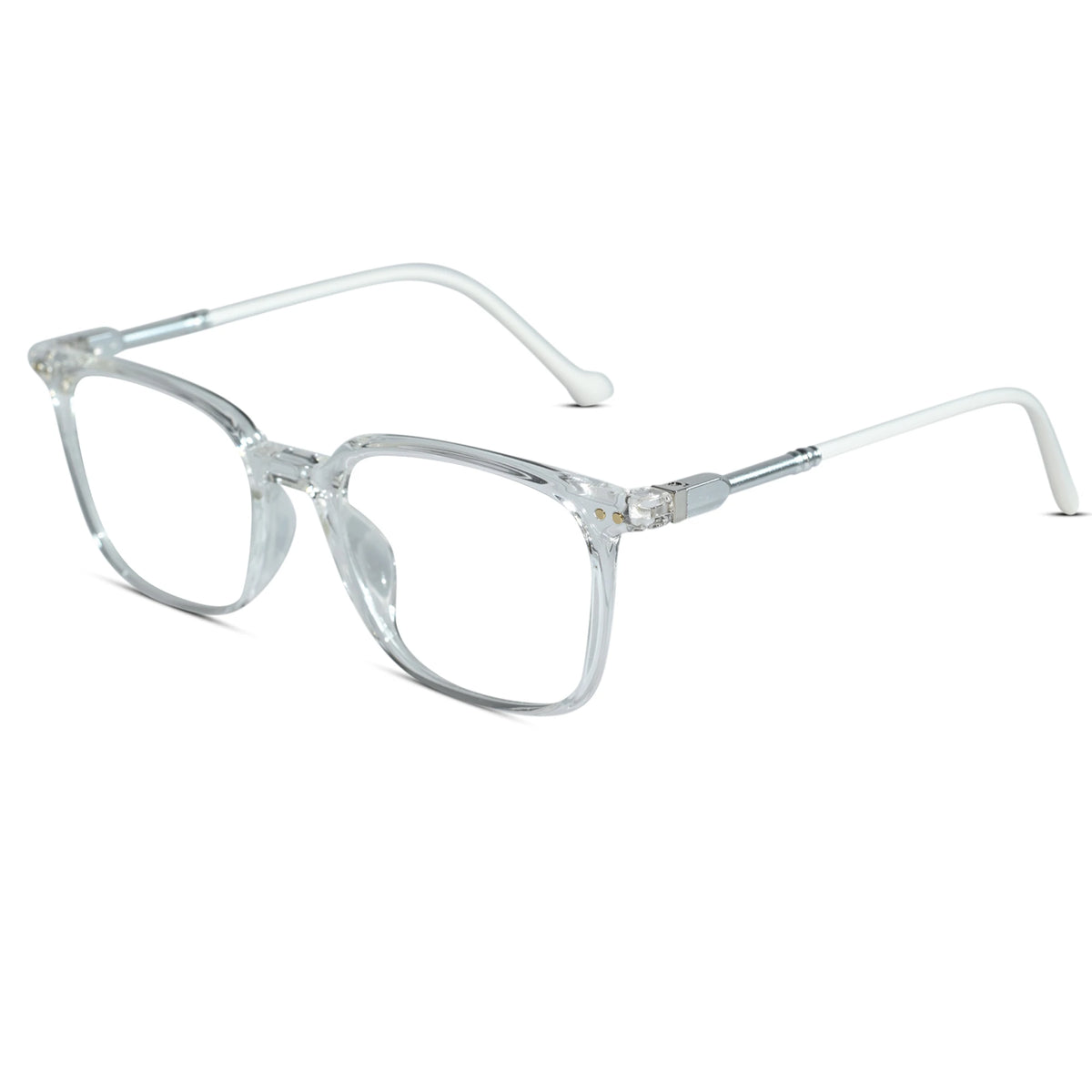 Clear acetate square eyeglasses with white temple arms, shown on a plain white background.