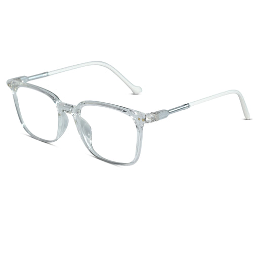 Clear acetate square eyeglasses with white temple arms, shown on a plain white background.