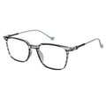 Rectangular eyeglasses with a translucent gray and black marbled acetate frame, clear lenses, and light gray temples, shown on a plain white background.