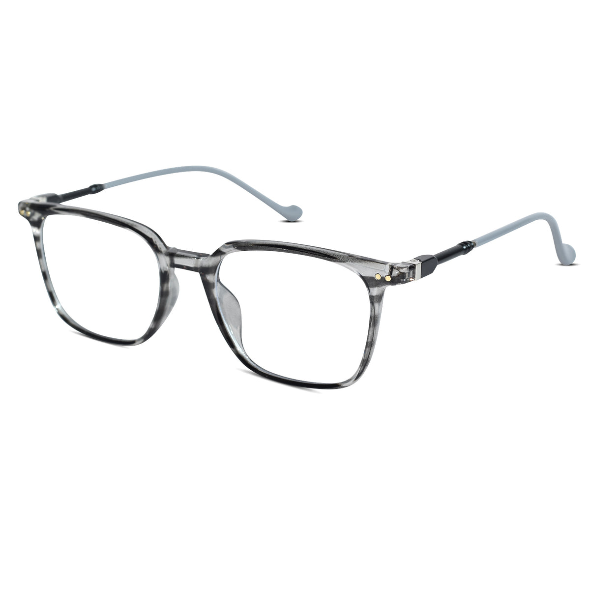 Rectangular eyeglasses with a translucent gray and black marbled acetate frame, clear lenses, and light gray temples, shown on a plain white background.