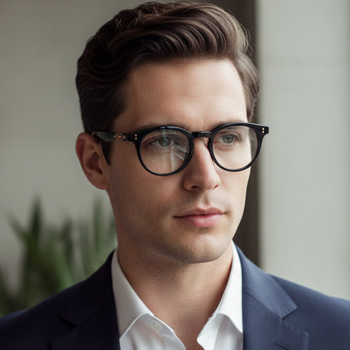 Black round eyeglasses on a white background