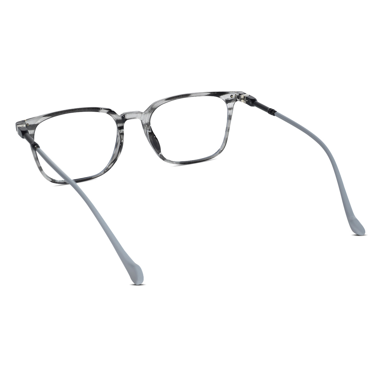 A pair of square-frame eyeglasses with a translucent gray and black marbled acetate frame and light gray temple arms, shown on a plain white background.