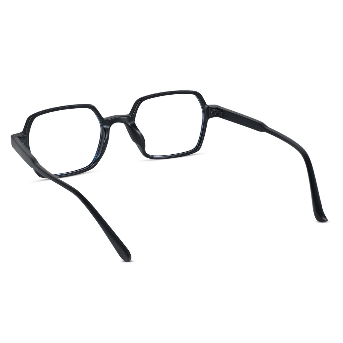 Black square eyeglasses with clear lenses, shown from a three-quarters angle on a plain white background.