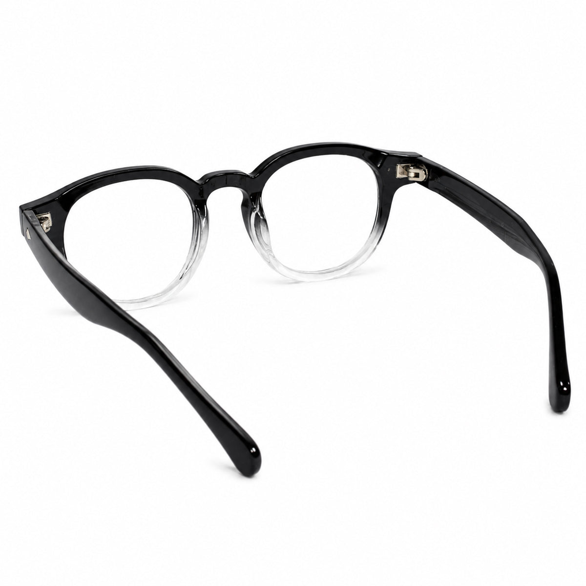Black round eyeglasses with a transparent gradient acetate finish on the rims and temples, shown on a solid white background.
