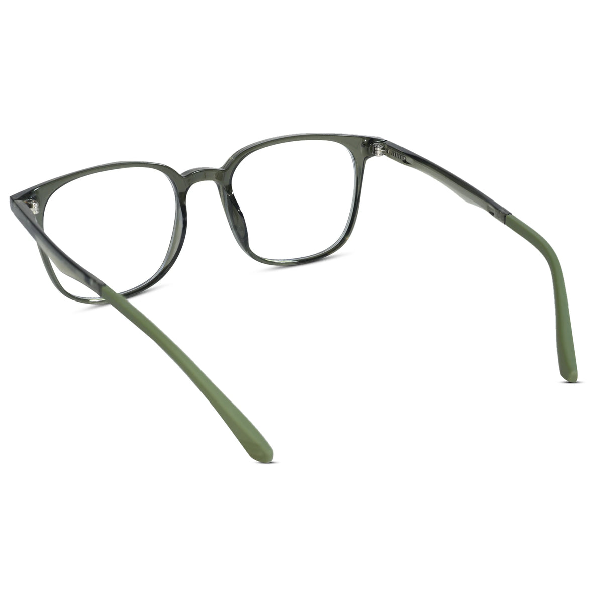 Olive green translucent acetate eyeglasses with clear lenses, shown from a three-quarters angle on a white background.