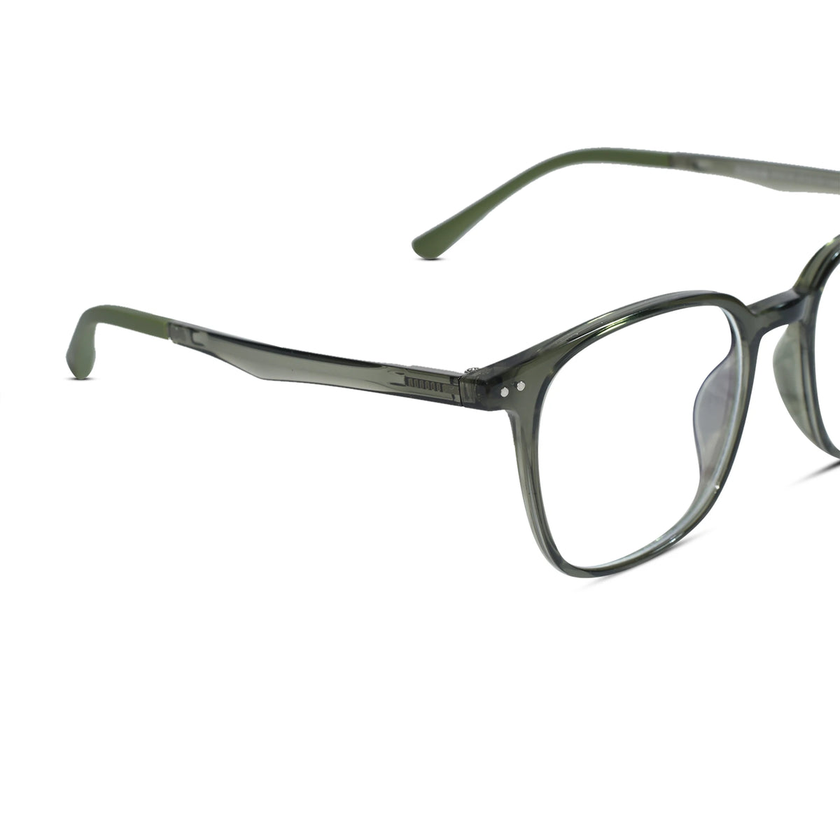 Olive green translucent acetate eyeglass frames with clear lenses, shown from a three-quarters angle on a white background.
