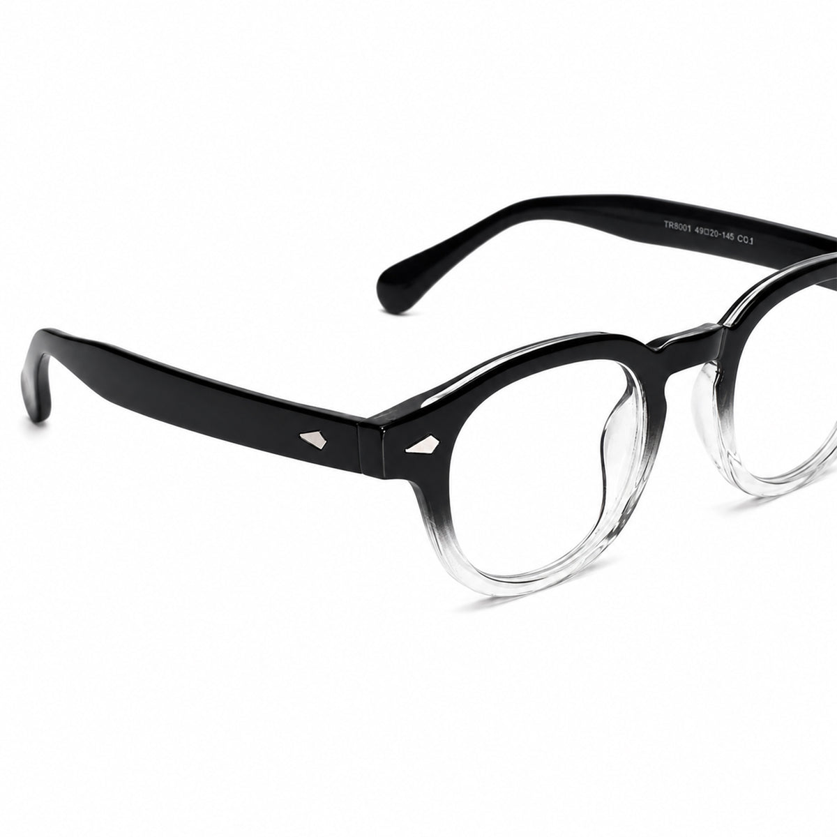 Black round eyeglass frames with clear acetate rims and small silver geometric accents on the temples, shown on a white background.