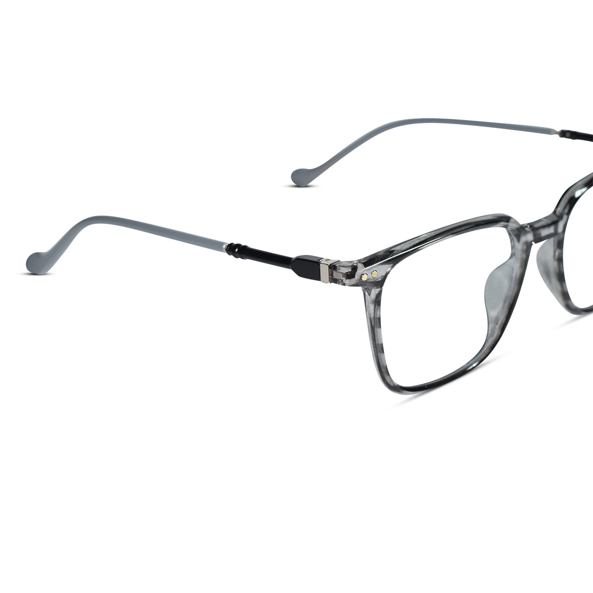 Rectangular eyeglasses with a translucent gray and black tortoiseshell frame, clear lenses, and gray temples with black tips, shown on a white background.