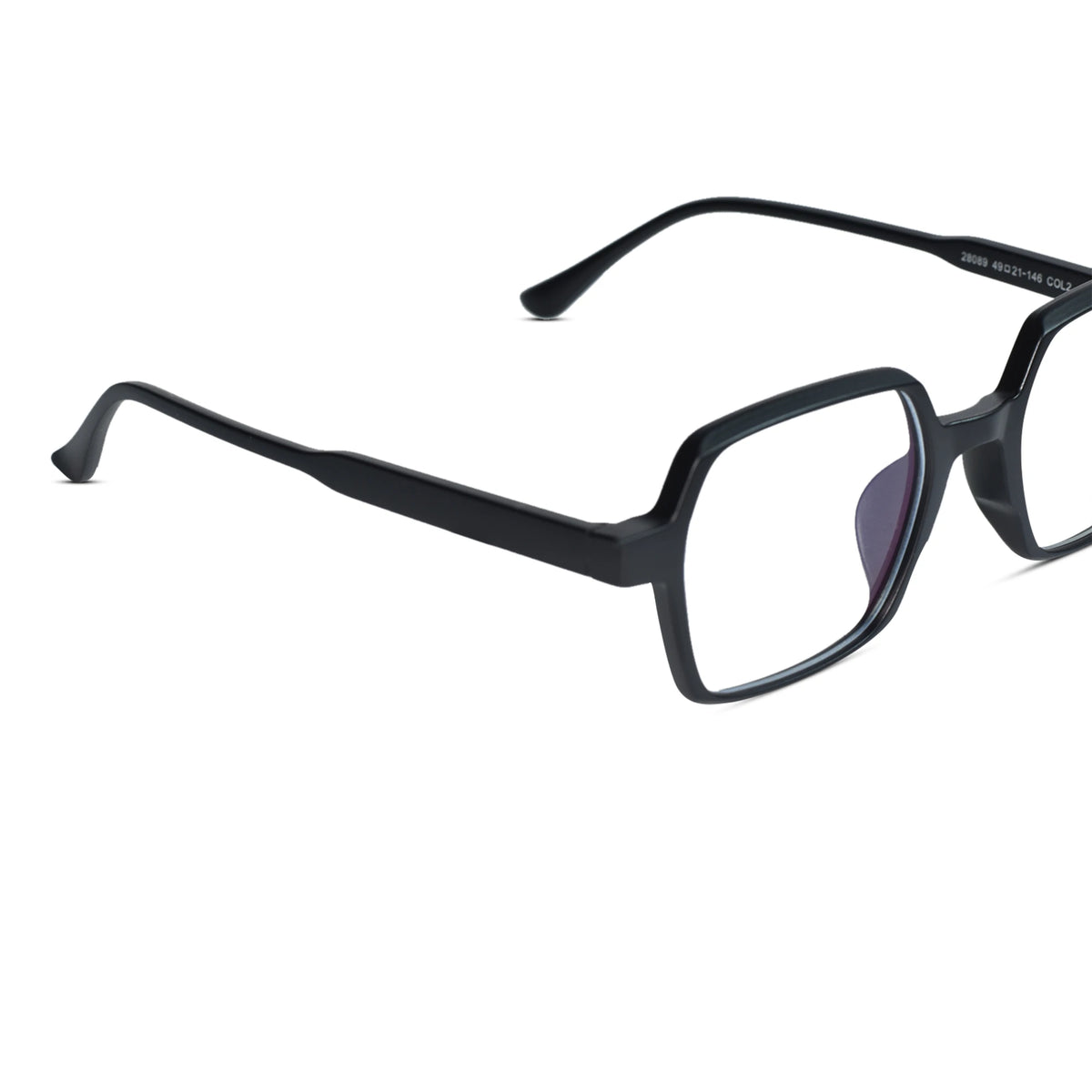 Black square eyeglasses with a matte finish and clear lenses, shown from a three-quarters angle on a white background.