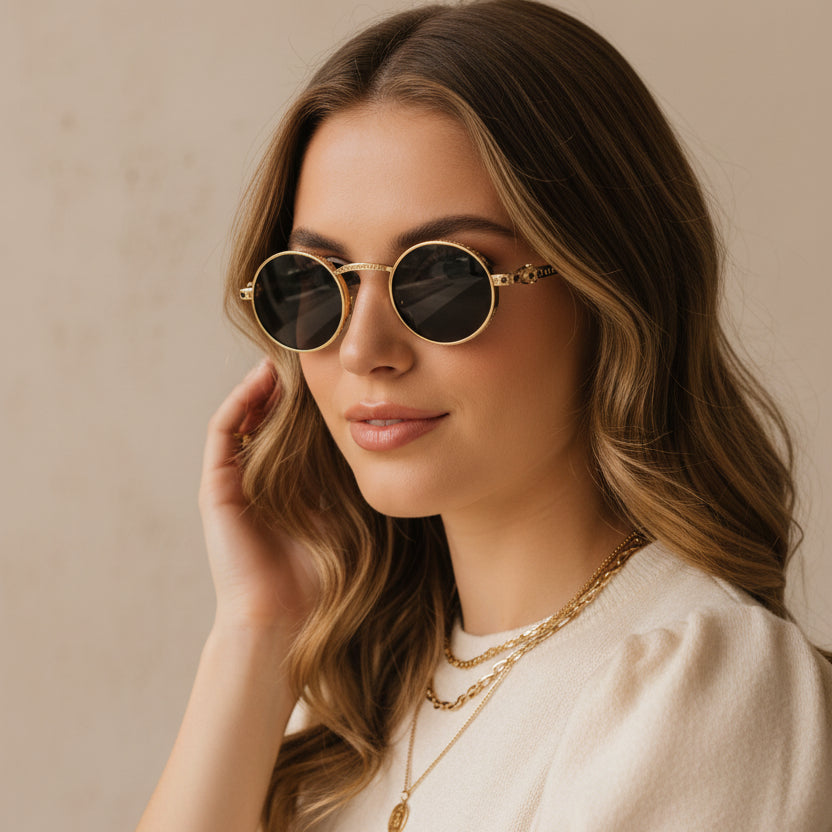 Luxury Round Metal Frame Sunglasses for Women ELS2026S04-BLK GLD