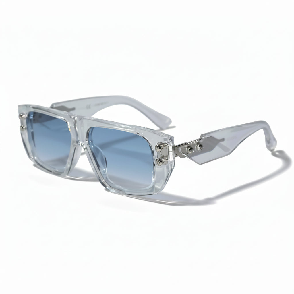 Clear frame sunglasses with blue lenses on a white background