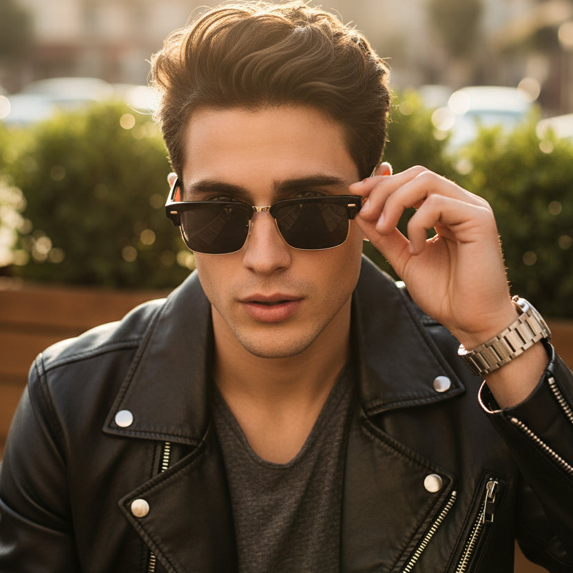 Half Frame Black Gold Sunglasses for Men ELS2026S014-BLK