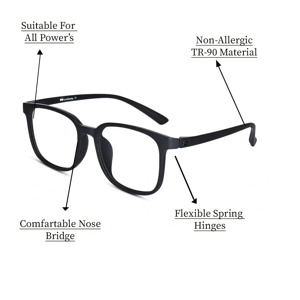 Matt Black Light Weight Rectangle Eyeglasses For Men & Women