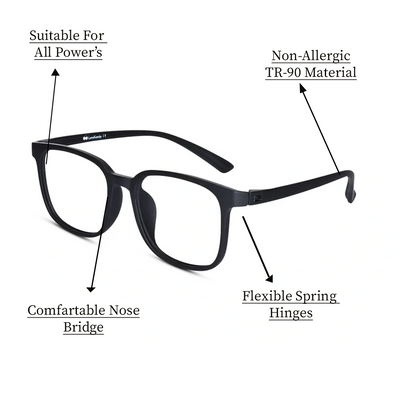 Matt Black Light Weight Rectangle Eyeglasses For Men & Women