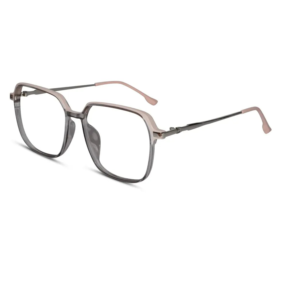 Side view of dual tone matt pink with shiny grey eyeglass frame elegant oversize spectacles style for women